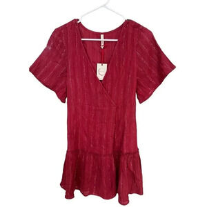NEW- NWT RAGA Red Mini Wrap Dress with Silver Pinstripes Size Small
